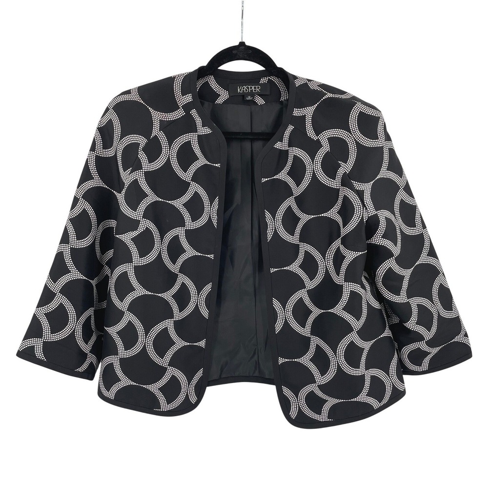 Kasper Silk Blazer Women 10 Black White Geometric Open Front Cropped Classic SEO